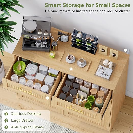 Double 13 Gallon Pull Out Trash Can Cabinet with Drawer, Garbage Cabinet | Pet Proof Hidden Trash Storage, Fluted Farmhouse Design, Space-Saving Kitchen Organizer, Dining Room Storage,Natural Oak