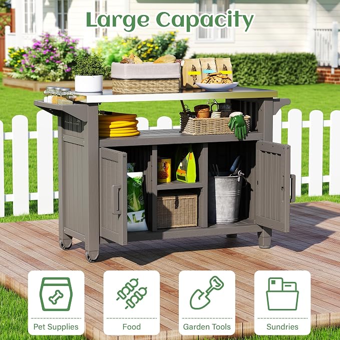 Bifanuo Outdoor Grill Table Grill Cart with Stainless Steel Top & Storage Cabinet for Food Prep and Storage, Portable and Durable with Wheels (Grey)