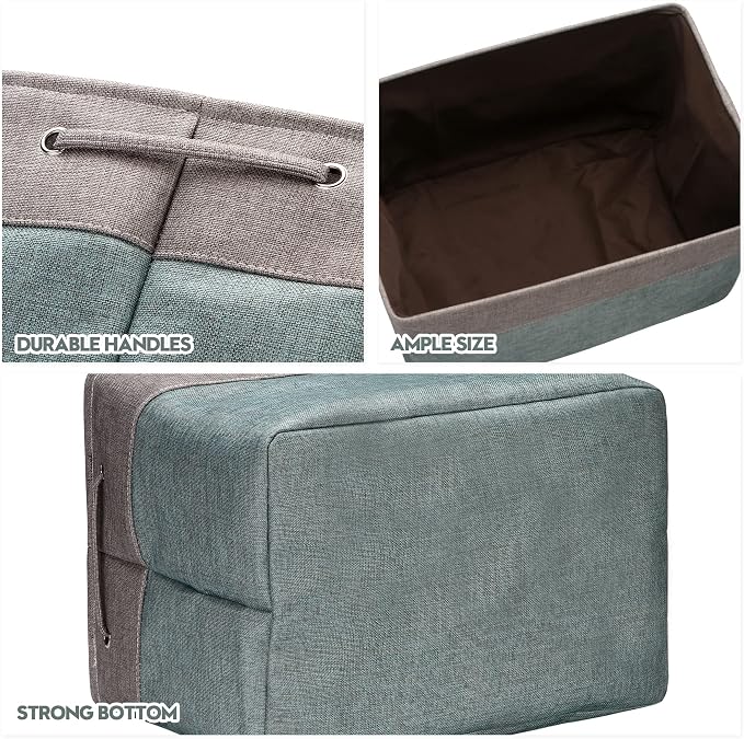 Sea Team Oversized Rectangle Canvas Open-Top Storage Baskets, 3-Pack | Collapsible Fabric Storage Bins with Handles, Closet Shelf Organizers, 22 x 15 x 13 Inches, Stone Blue & Gray
