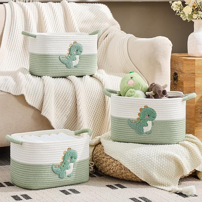 Storage Basket, Woven Baskets for Shelves, Green Dinosaur | 3 Pack Boho Cotton Rope Storage Baskets, 14" x 9" x 8", Home Organizer for Nursery, Holds Toys, Books & Towels