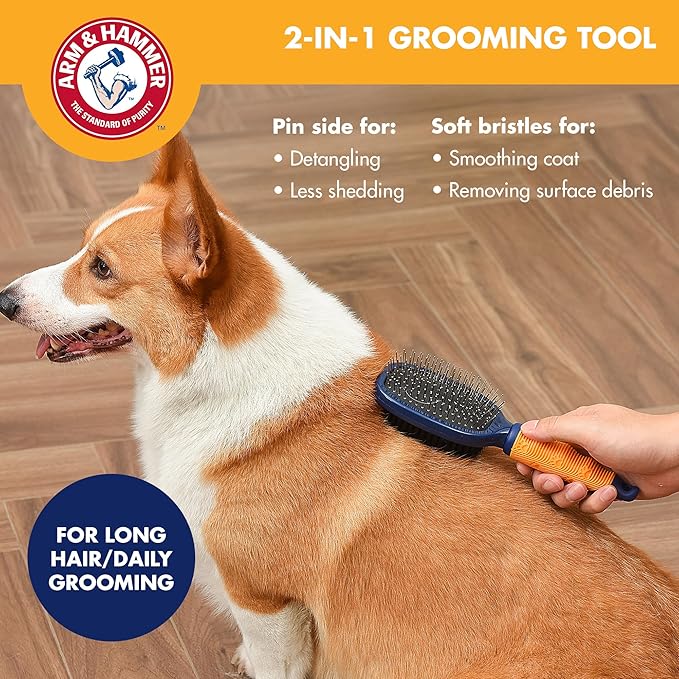 Arm & Hammer Deodorizing 2-in-1 Pin & Bristle Dog Brush, Fragrance Transfer Technology with Baking Soda, Detangling & Shedding, Dog Grooming Brush for Long Hair, Sweet Lily & Vanilla Scent
