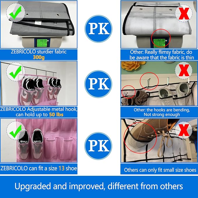 Over the Door Shoe Organizer, 2025 Upgrade 35 Large Pockets for Shoe Storage, Hanging Shoe Holder with Metal Hook, Clear Shoe Rack for Closet Bathroom Door Space Saving - Pink