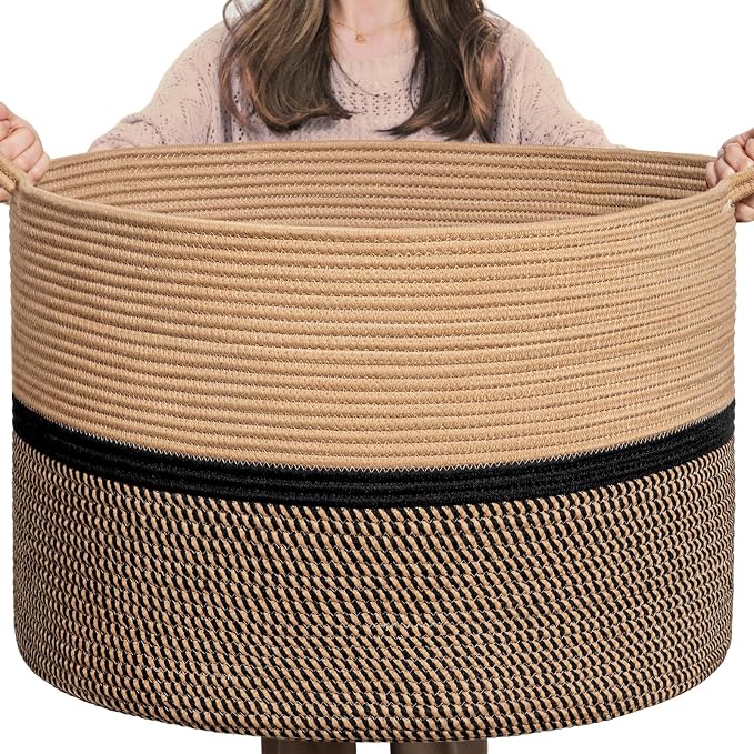 CHICVITA XXL Cotton Rope Woven Blanket Basket with Handles, Brown & Black | Extra large 22x22x14in storage basket doubles as clothes hamper. Decorative for living room, nursery