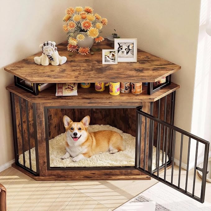 IRONCK 43.3" Corner Dog Crate Furniture with 2-Tier Shelves Rustic Brown | 10mm thickened iron frame. 180 lb tabletop. 23.6"L x 43.3"W x 32"H. Space-Saving Indoor crate for small dogs