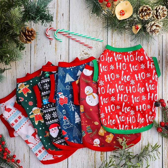 6 Pieces Christmas Dog Clothes Pet Shirts Breathable Puppy Vest Printed Christmas Snowman Reindeer Santa Claus Dog Shirts for Soft Outfit Dogs and Cats (M (5.5-8.8lbs))