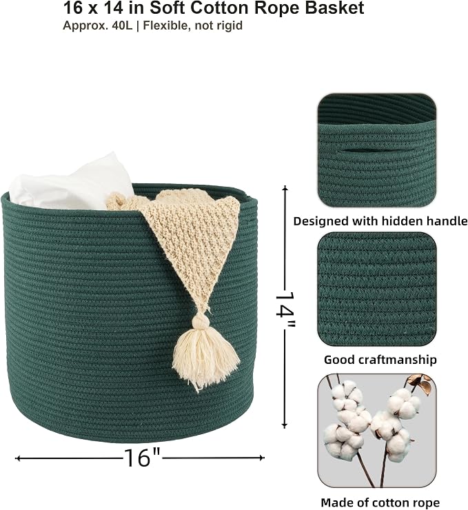 XUANGUO Cotton Rope Basket For Girls Boys Kids 16”X14” dark green | Baby Laundry Baskets, Blanket Basket, Nursery Bin; Round Woven Basket Organizer for Toy Storage, Blankets, Shoes and Clothes