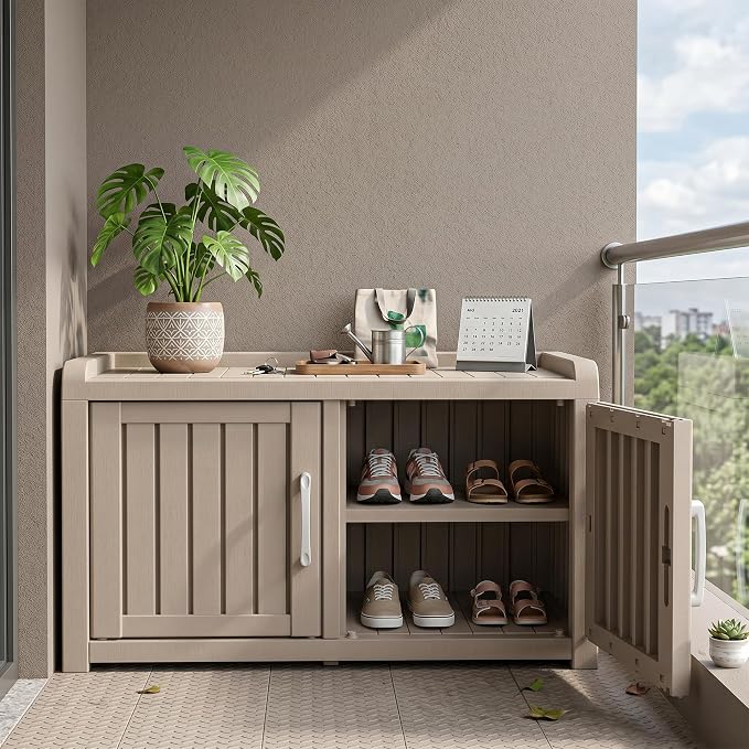 ROJIK Shoe Cabinet Waterproof UV-Resistant,Storage Bench Indoor Outdoor with Adjustable Shelves,for Entryway Bedroom,Hallway,Living Room(Double Door,Grey)