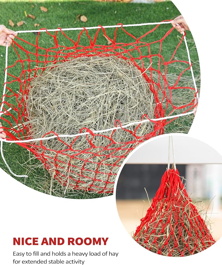 Harrison Howard Slow Feed Hay Net for Horses, 40 Inch Hay Bag Holds 1–2 Flakes, 2 Inch Mesh Durable Hanging Feeder for Stable, Pasture & Livestock-Red