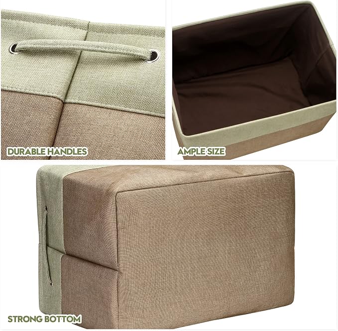 Sea Team Oversized Rectangle Canvas Open-Top Storage Baskets, 3-Pack | Collapsible Fabric Storage Bins with Handles, Closet Shelf Organizers, 22 x 15 x 13 Inches, Olive & Lime