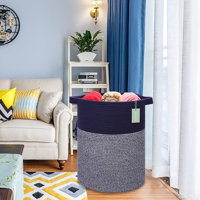 Cotton Rope Blanket Basket, 72L Tall Laundry Hamper, Navy Blue