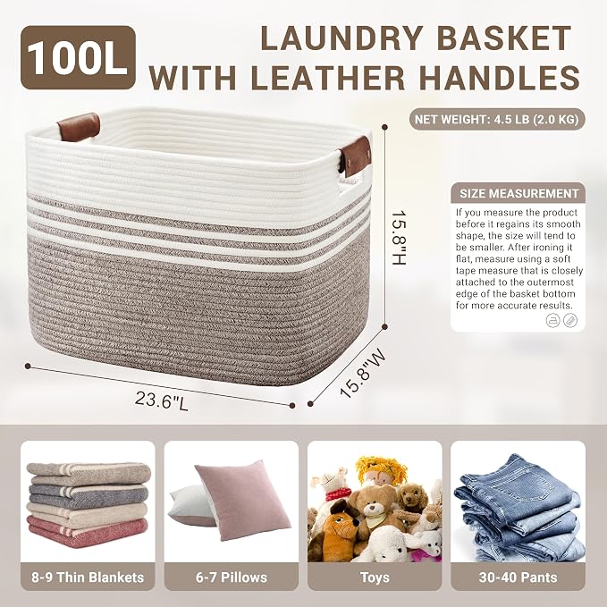 100L Woven Laundry Basket Hamper with Leather Handles,Dark Brown | collapsible wicker hamper, storage for dirty clothes, toys, blankets, gifts, living room, bedroom, bathroom, 24"x16"x16"