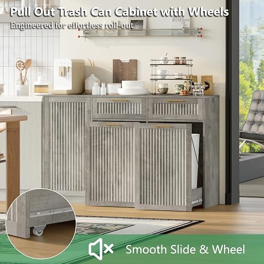 Double 13 Gallon Pull Out Trash Can Cabinet with Storage Cabinet,Wood Grey | Pet Proof Hidden Garbage Can Cabinet,3-Tier Shelves,Fluted Design,Extra Drawer Space,Kitchen & Dining Room Organization