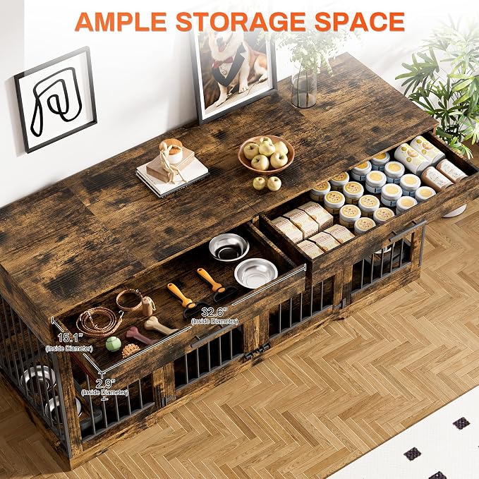Rophefx 72" Double Dog Crate Furniture with Drawers and Divider, Brown | Wooden dog kennel for 2 medium dogs with 2 drawers, removable divider, 4 bowls and TV stand top