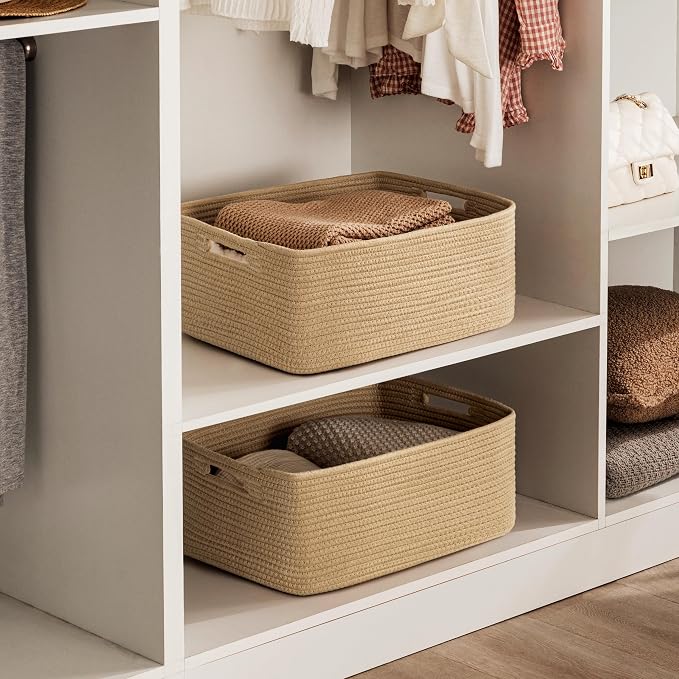 2 Pack Storage Baskets for Organizing, Large Woven Storage Basket, Brown | 17"Lx13"Wx7.5"H, Cotton Rope Basket, Toy Storage, Cube Shelf, Closet Shelf Organizer, Clothes Storage, Home Decor