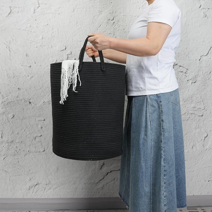 Woven Cotton Rope Laundry Basket, 15" x 20" Laundry Hamper, Black | Rope storage basket for dirty clothes, toys and blankets. Perfect for bathroom, baby nursery and living room storage.