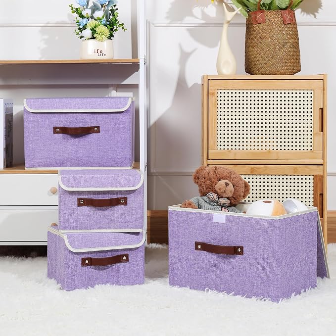 ANMINY Fabric Storage Box Bins with Lids, Purple, 15"x10"x10", 4 Pack | Keepsake Memory Storage, Cotton Linen, PP Board Reinforced, Washable, PU Handles, Foldable & Stackable, Decorative, Large
