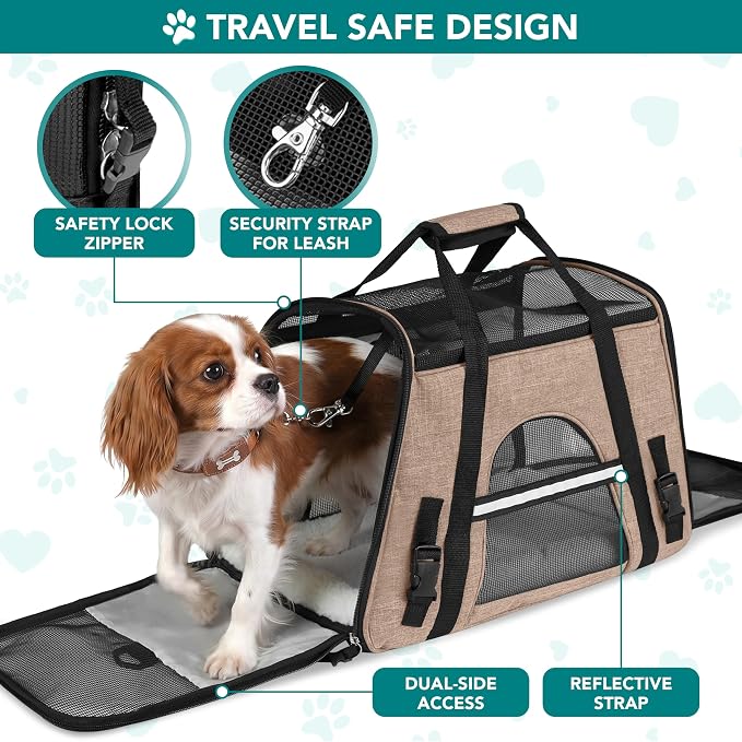 PetAmi Airline Approved Pet Carrier Cats & Small Dogs, Large Heather Taupe | Soft Sided TSA Travel Bag, Sherpa Bed, Breathable Mesh Ventilation, Collapsible Bowl, Fits Under Seat, Up to 18 lbs