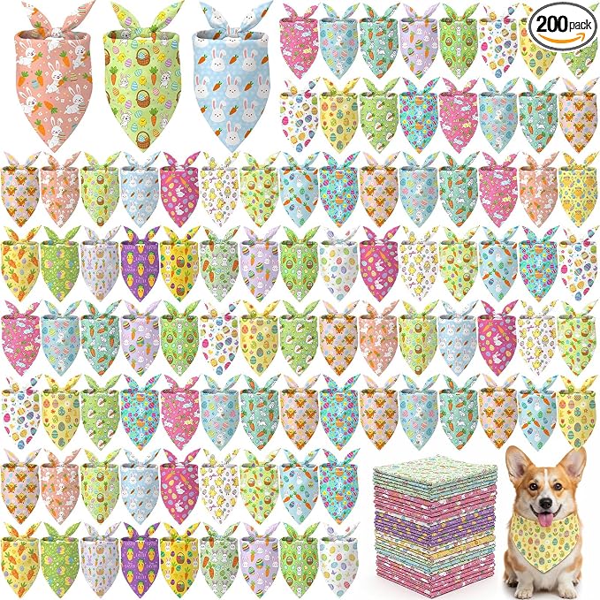 200 Pcs Spring Dog Bandanas Bulk Bunny Egg Carrot Bandanas for Dogs Triangle Kerchief Bibs Scarf Set for Pet Easter Costume Photo Props Accessories Pet Shops, 25 Styles (25.6 x 17.7 x 17.7)