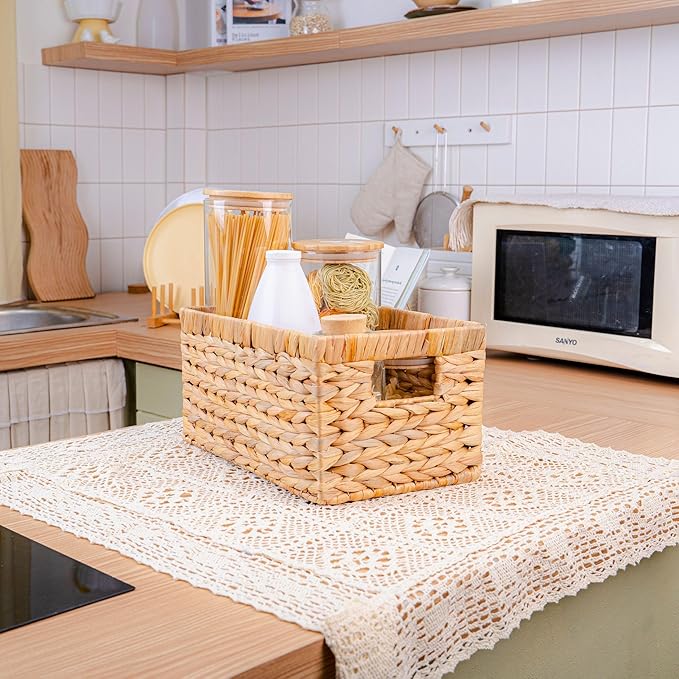 M4DECOR Set of 6 Rectangular Wicker Storage Baskets for Shelves | Water Hyacinth Storage Baskets, Pantry Baskets for Organizing, Handwoven Wicker Baskets for Storage