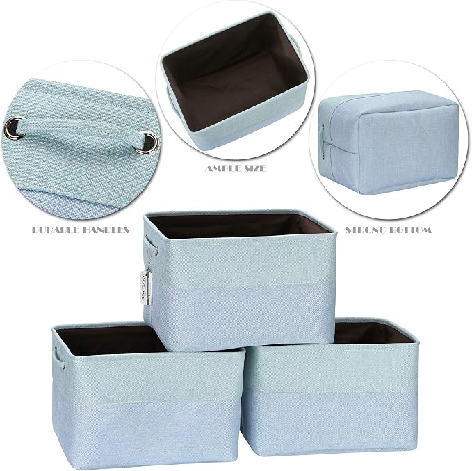 Sea Team Large Rectangle Canvas Open-Top Storage Baskets, 3-Pack | Collapsible Fabric Storage Bins with Handles, Closet Shelf Organizers, 15 x 10 x 10 Inches, Babyblue & Mint