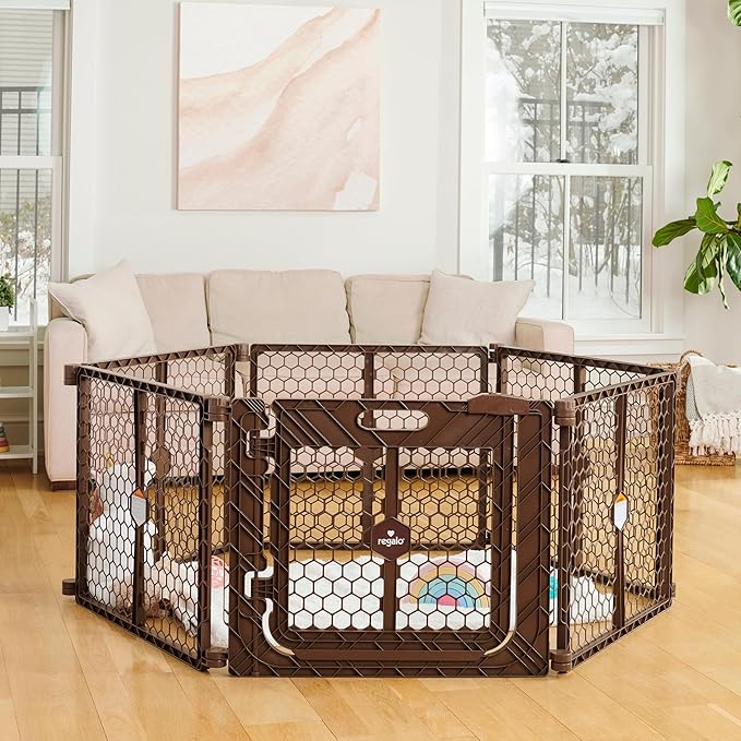 Regalo Safety 192" Plastic Super Wide Baby Gate & Play Yard with Door | Adjustable Playpen, For Doorways & Open Spaces, For Babies, Toddlers & Pets, Brown, Tested & Trusted for 30 Years