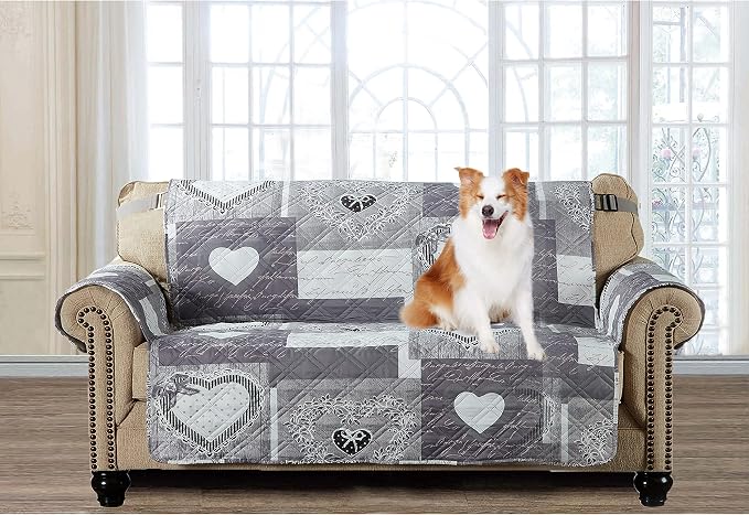 Brilliant Sunshine Grey Heart Love Patchwork Loveseat Cover, 54" seat | Quilted Sofa Cover, Living Room & Bedroom Furniture Protector, Large Washable Love Seat Slipcover for Pets, Dogs & Cats