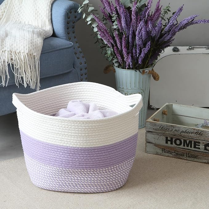 Sea Team Oval Large Cotton Rope Woven Storage Basket with Handles, White & Mottled Lavender, 16 x 13 inches | Collapsible Knitted Hamper, Closet Shelf Organizers, Containers for Clothing, Blankets, Toys, Bedding, Mottled Lavender
