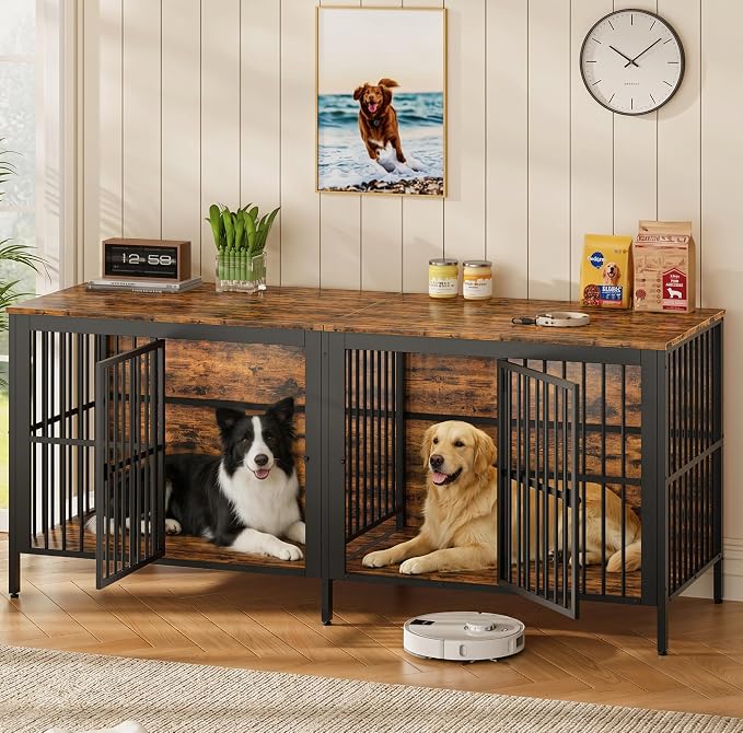 80'' Double Dog Crate Furniture for 2 Dogs, Large Dog Kennel Furniture Indoor as TV Stand, Wooden Dogs Cage Heavy Duty Kennel End Side Table for Living Room, Large & Medium Dogs, Brown