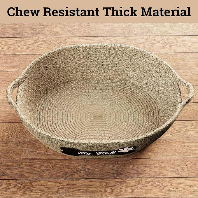 Dog Toy Basket, 100% Cotton Rope, Chew Proof, Sturdy Reinforced Handles | 100% Cotton Rope Woven Dog Toy Box for Living Room Area, Sturdy Handles, Durable Patch, Suitable for All Pets, No Loose Parts
