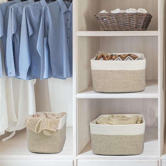 XUANGUO Woven Cotton Rope Storage Baskets 15x10x9.3" 3 Pack White and Brown | Decorative rectangular storage baskets for shelves and closets; storage bins organize clothes, toys, books and nursery items.