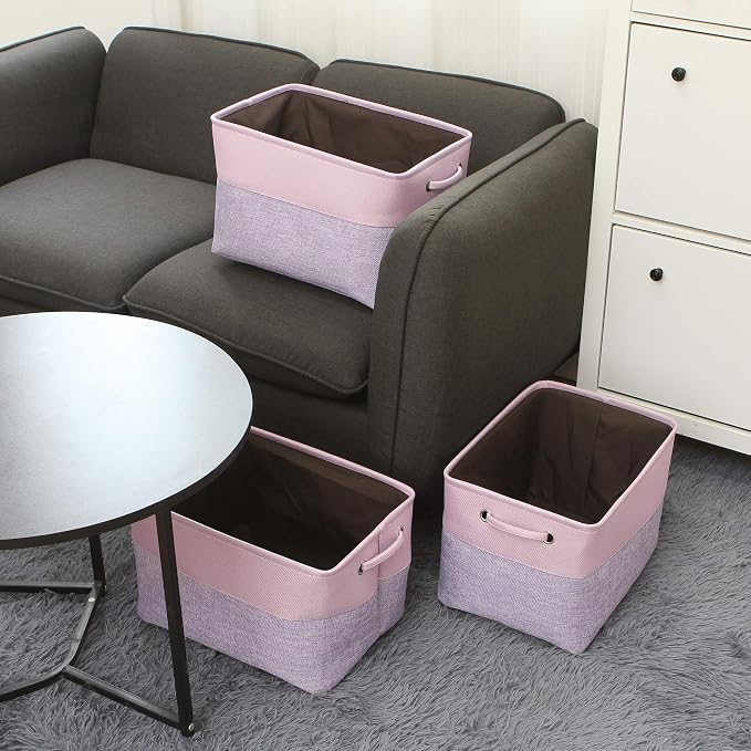 Sea Team Large Rectangle Canvas Open-Top Storage Baskets, 3-Pack | Collapsible Fabric Storage Bins with Handles, Closet Shelf Organizers, 15 x 10 x 10 Inches, Lavender & Orchid