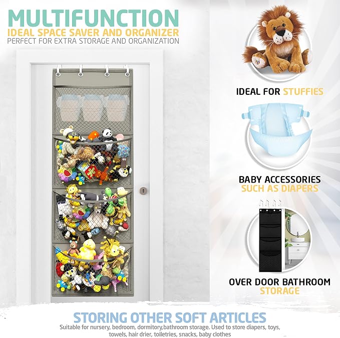 Honeyera Storage for Stuffed Animal - Over Door Organizer for Stuffies, Baby Accessories, and Toy Plush/Easy Installation with Breathable Hanging Pockets (Gray)