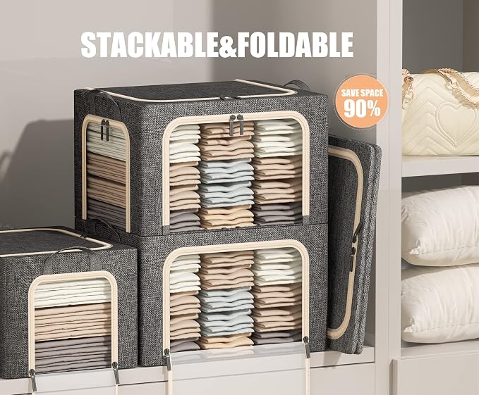 3 Openings Clothes Storage Bins with Metal Frame, Foldable Storage Bin for Clothes, Clothing Storage Bins with Lid, Linen Storage Box With Clear Window＆ Zippers＆ Durable Handles.(3 Pcs,Dark Grey,40L)