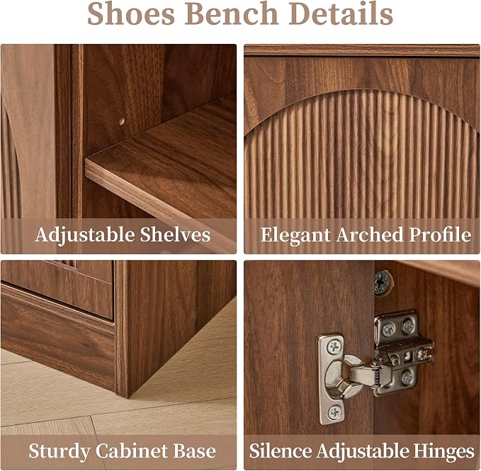 BERRYMERRY 39.4" Fluted Walnut Shoe Storage Bench for Entryway | Arched Door,Entryway,End of Bed,Shoe Cabinet,Adjustable Shelf,Bedroom,Brown,Mid Century Modern