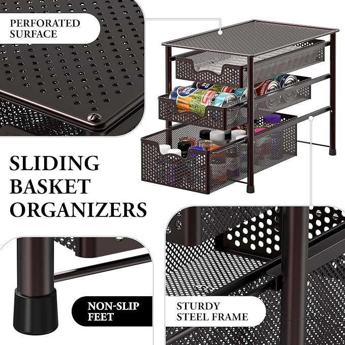 Simple Houseware Stackable 3 Tier Sliding Basket Organizer Drawer, Bronze