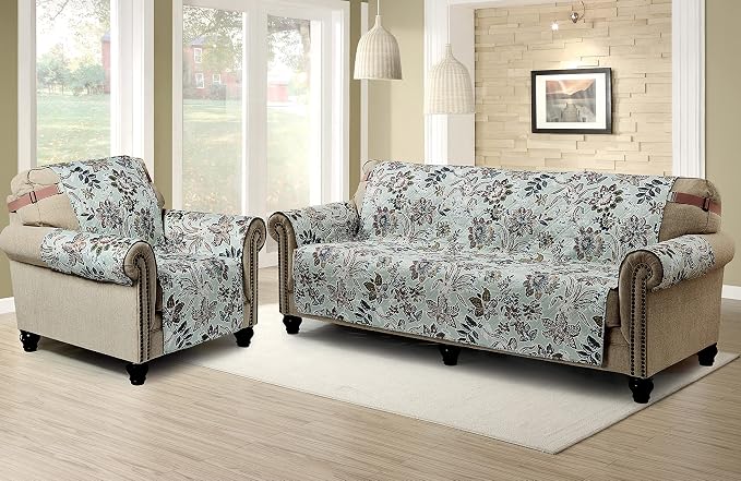 Brilliant Sunshine Green Vintage Flowers Couch Recliner Cover, 26" seat | Quilted Sofa Cover, Living Room & Bedroom Furniture Protector, Washable Reclining Chair Slipcover for Pets, Dogs & Cats