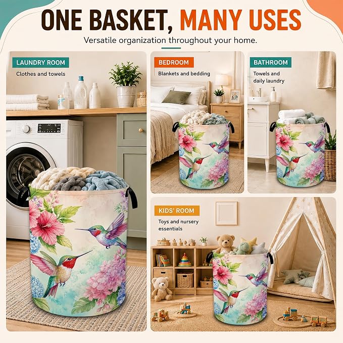 Hummingbird Laundry Basket,Hibiscus Hydrangea Foldable Oxford Laundry Hamper with Handles,Collapsible Clothes Storage Bucket Tote Bag for Laundry Room,Bathroom,Bedroom,Dorm