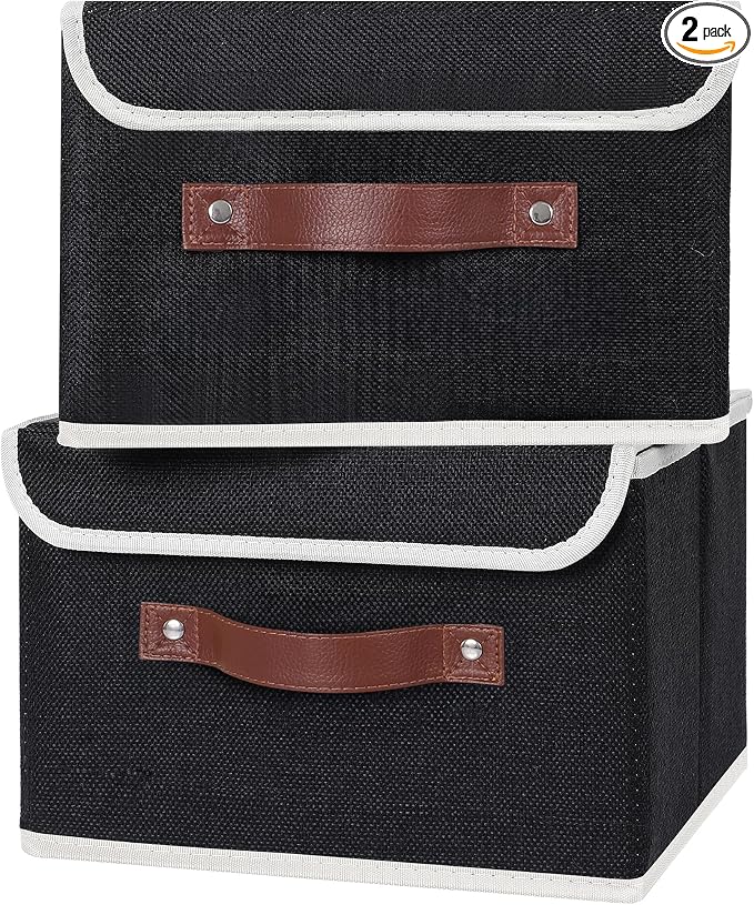 ANMINY Fabric Storage Box Bins with Lids, Black, 10"x8"x7", 2 Pack | Keepsake Memory Storage, Cotton Linen, PP Board Reinforced, Washable, PU Handles, Foldable & Stackable, Decorative, Small