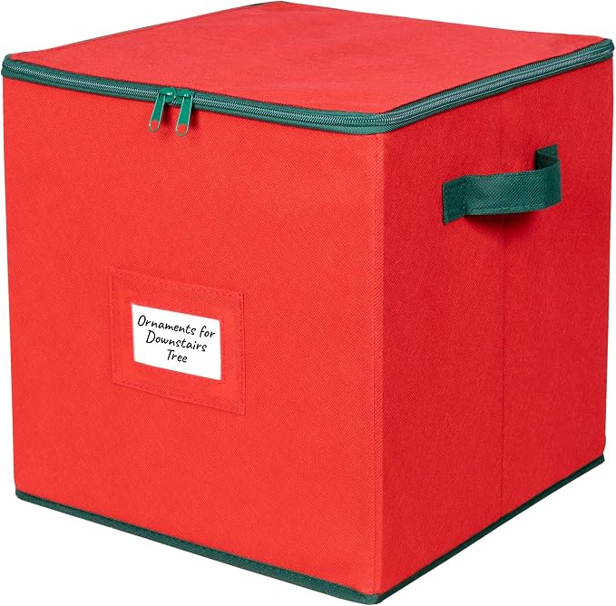 HOLDN’ STORAGE Christmas Ornament Storage Box Christmas Decor Storage Containers that Store up to 64 – 3” x 3” Holiday Xmas Ornaments – Adjustable Compartment To Fit Many Sizes Ornaments – Red