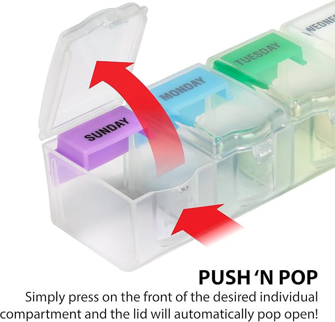 EZY DOSE Weekly (7-Day) Pill Planner, Medicine Case, Vitamin Organizer Box, 2X-Large Push N' Pop Open Compartments, BPA-Free, Rainbow/Clear Design | Daily Vitamin & Supplement Medicine Box, Push N' Pop Open Compartments, Convenient & Easy to Use, Trave...