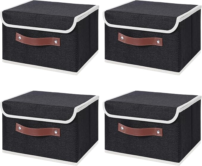 ANMINY Fabric Storage Box Bins with Lids, Black, 10"x8"x7", 4 Pack | Keepsake Memory Storage, Cotton Linen, PP Board Reinforced, Washable, PU Handles, Foldable & Stackable, Decorative, Small
