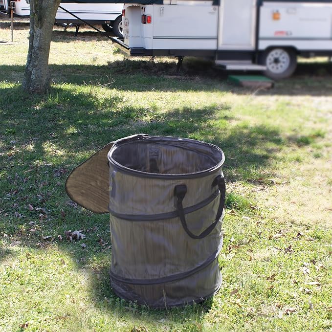Camco Pop-Up Utility Container - Use as Collapsible Trash Can When Camping - Holds 30-Gallon Kitchen-Size Trash Bags - Stands 2-Ft Tall & Collapses for RV Storage and Organization (42893-A)