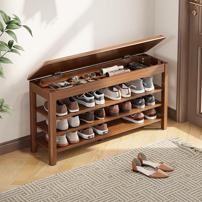 IUNVR Shoe Rack Bench Seat Rubberwood 3-Tier Wooden Storage Bench 550lbs Compact Mid-Century Modern Design for Entryway, Hallway, Closet, Front Door Entrance, Foyer