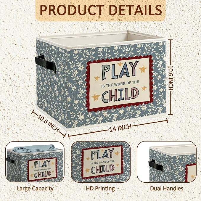 Boho Blue Floral Kids Foldable Storage Bins Box with Handles | Play Is the Work of the Child Decorative Storage Boxes Baskets Organizer for Kids Room Nursery Bedroom Bathroom