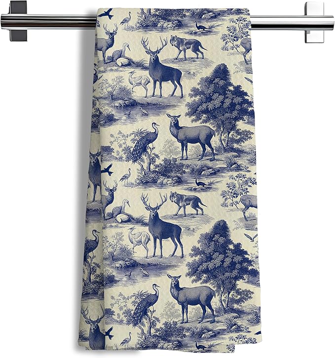 Blue Chinoiserie Forest Animal Deer and Bird Print Decor Hand Towels,Blue and White Farmhouse Animal Decorative Hand Towel for Bath Room Washroom Restroom, 16x24 Inch