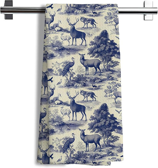 Blue Chinoiserie Forest Animal Deer and Bird Print Decor Hand Towels,Blue and White Farmhouse Animal Decorative Hand Towel for Bath Room Washroom Restroom, 16x24 Inch