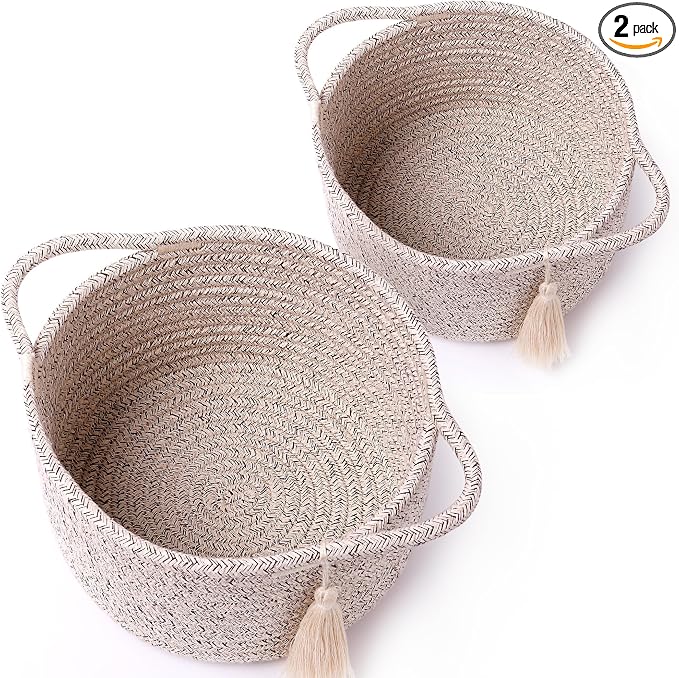 Small Gift Basket Empty to Fill, 2 Pack, Mini Woven Basket, Natural Beige | Cute Decorative Mini Rope Storage Baskets with Cellophane Bags & Ribbons; Two Sizes for Gifting, Bathroom Counter or Desk
