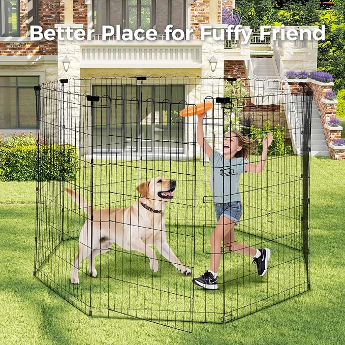 48" H Dog Playpen, 8 Panels Foldable Metal Pet Exercise Pen NO Door | Pet Dog Fence for Medium-Large Dogs, Indoor/Outdoor Use Metal Playpen, Portable Fence for Yard Garden Camping, Black