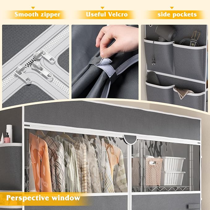 Raybee Clothes Rack with Cover, Rolling Portable Closet, 4 Hanging Zones | Heavy Duty, Tool-free Assembly, Adjustable Shelves, Lockable Wheels, Freestanding, Covered, Saving Space for Bedroom,Dorm