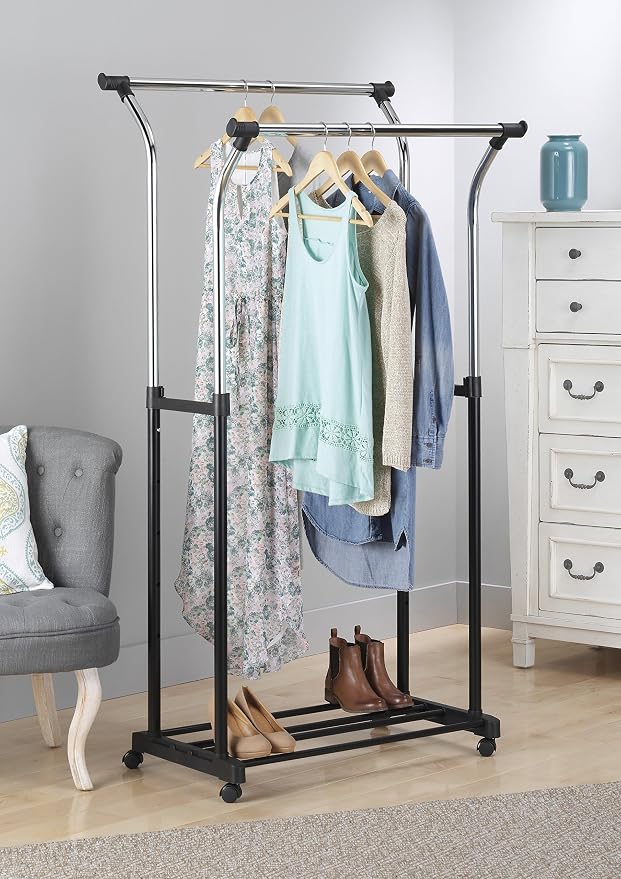 Whitmor Heavy Duty Adjustable Garment Rack-Rolling Clothes Organizer, Black and Chrome